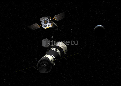 A manned orbital maintenance platform rendezvouses with Chandra X-ray Observatory.