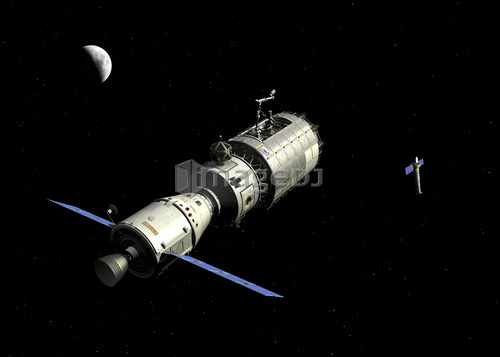 A manned orbital maintenance platform approaches the Chandra X-ray Observatory.