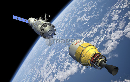 An orbital maintenance platform approaches an orbiting booster in low Earth orbit.