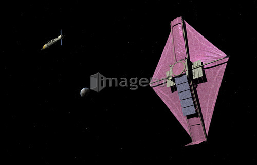 A manned orbital maintenance platform approaches the James Webb Space Telescope.