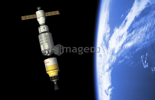 An orbital maintenance platform docks an orbiting booster in low Earth orbit.
