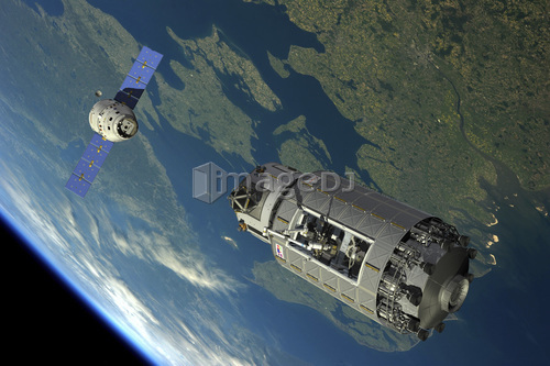 A reusable crew capsule prepares to dock with an orbital maintenance platform.