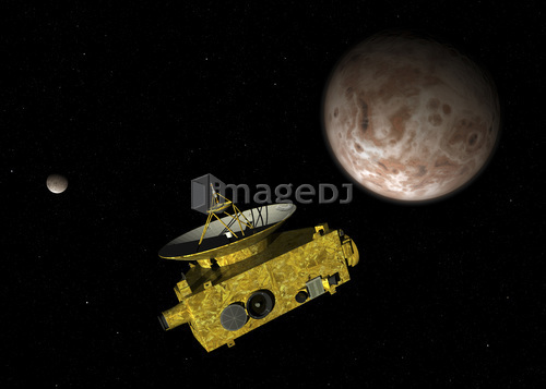 New Horizons spacecraft over dwarf planet Pluto and its moon Charon.