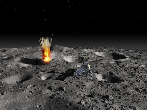 A robotic probe drills into the surface of an asteroid as a meteorite strikes nearby.