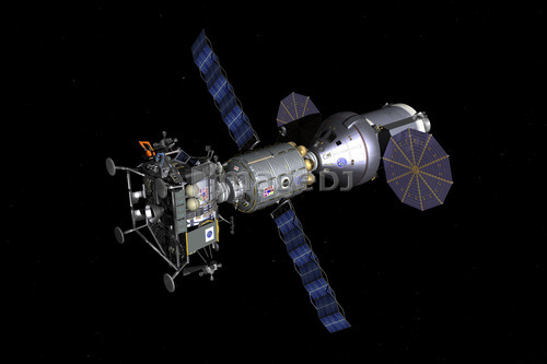 An Asteroid Lander is docked to a Deep Space Vehicle.