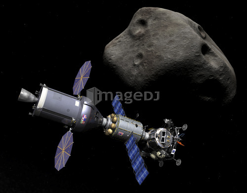 An Asteroid Lander is docked to a Deep Space Vehicle.