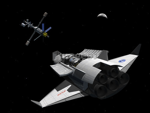 A future generation space shuttle rendezvous with a lunar cycler.