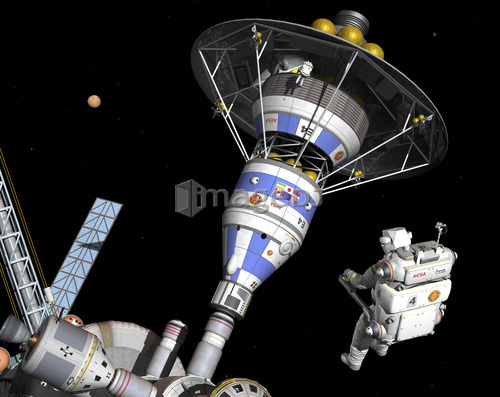 A pair of astronauts perform an inspection of a manned Mars lander.