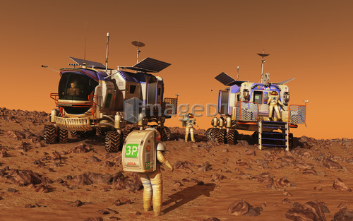 A pair of manned Mars rovers rendezvous on the martian surface.