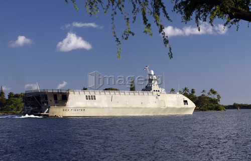 Sea Fighter, FSF-1, Littoral Surface Craft transits out of Pearl Harbor channel back out to sea.