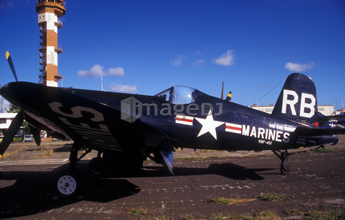 A side view of a U.S. Marine Corps F4U Corsair World War II aircraft.