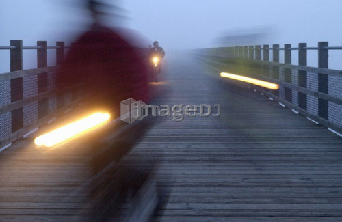 Blurred Cyclists on a path at night with lights, Victoria, Vancouver Island, B.C.
