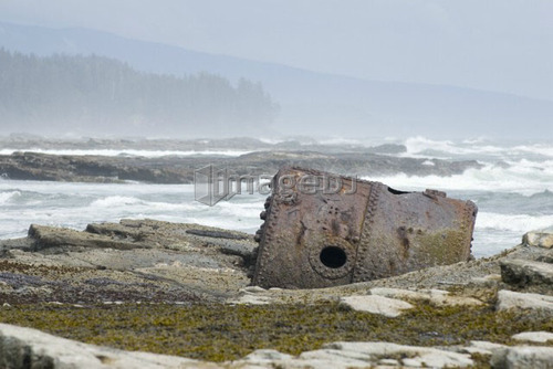 Rusty Steamship Boiler that has been in this place since the ship wrecked in 1898, Pacific Rim National Park, B.C.