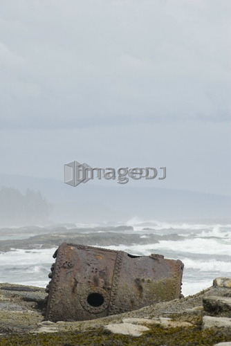 Rusty Steamship Boiler that has been in this place since the ship wrecked in 1898, Pacific Rim National Park, B.C.