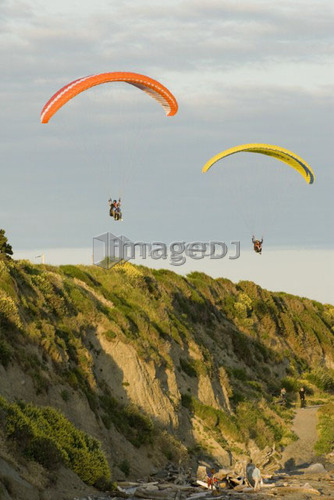 Two paragliders over a sea cliff, Victoria, Vancouver Island, B.C.