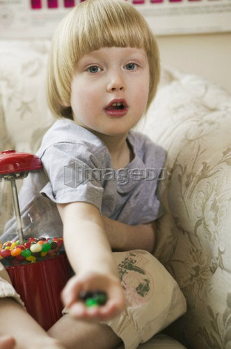 4 Year Old Girl With a Gumball Machine and Jellybeans, West Vancouver, B.C.