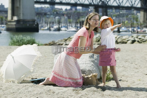 Caucasian Mom and 4 year old Daughter, a day on the beach, Sunset Beach, Vancouver, B.C.