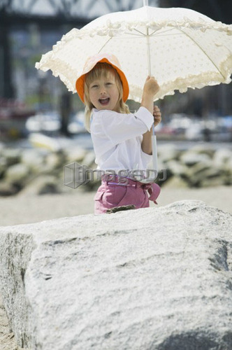 4 year old with White Parasol, Sunset Beach, Vancouver, B.C.