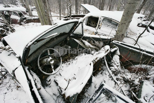 View of automobiles in junkyard, Montérégie region, Quebec