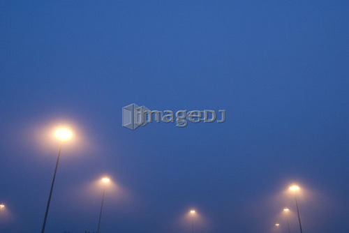 Street lights in mist at the Tsawwassen ferry terminal near Vancouver, BC