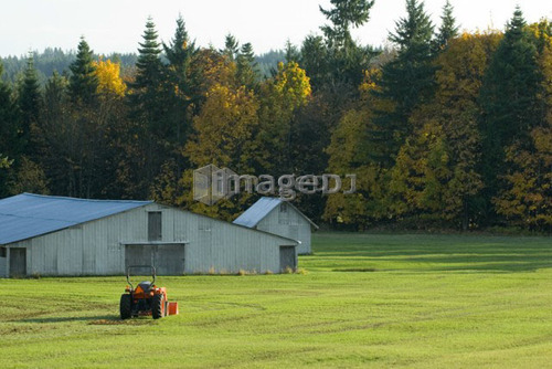 A tractor sits in a field on a farm near Mill Bay BC