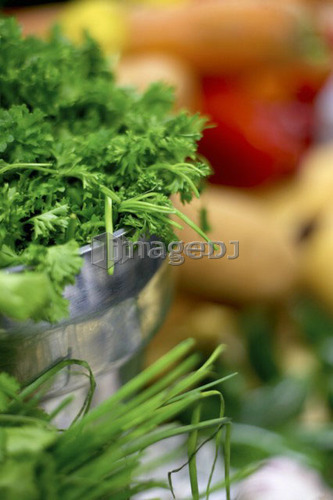 Curly Parsley in stainless steel bowl with chives, squash, and red pepper