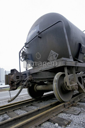 Back end of a train on train tracks, Hamilton, Ontario.
