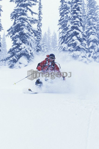 Young man skiing fresh powder during snowstorm at Rogers Pass, British Columbia, Canada.