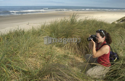 Woman (20-25) photographing on a sandy beach with grasses, Oregon Dunes National Recreation Area