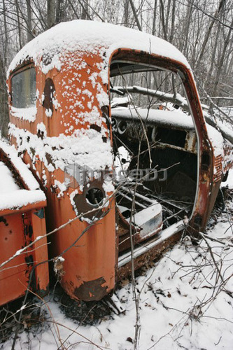 View of truck in junkyard. Montérégie region, Quebec