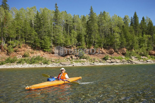 View of kayak on Bonaventure river, Gaspesie, Quebec