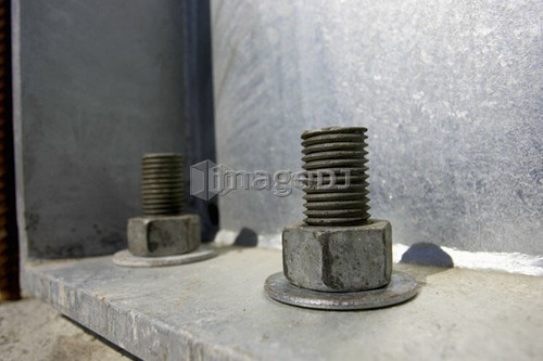 Nut, bolt, and washer attached to steel frame; Canada, Ontario, Hamilton (Composting Facility)