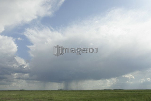 Rain clouds over green prairie; Canada, Manitoba, Erickson