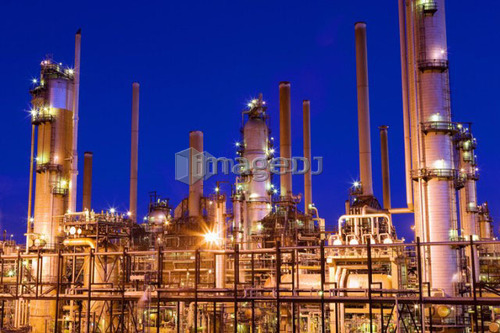 Lights on Oil Refinery at night; Canada, Alberta
