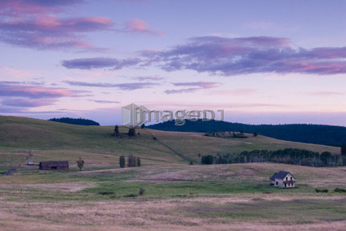 Rural farmland and an abandoned farmhouse; Canada, British Columbia, Bridesville, Boundary Country