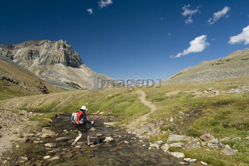 A woman (20-25) crosses a small alpine creek running through a meadow.; Canada, Alberta, Jasper National Park, Skyline Trail