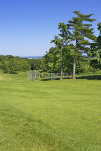 The greens of a golf course with a view of the lake, Canada, Ontario, Burlington