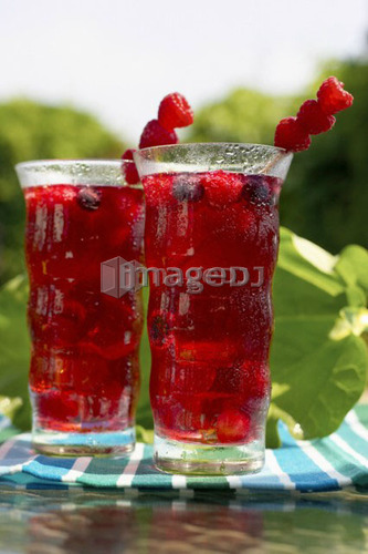 Two glasses of fruit juice garnished with raspberries, Canada, Ontario