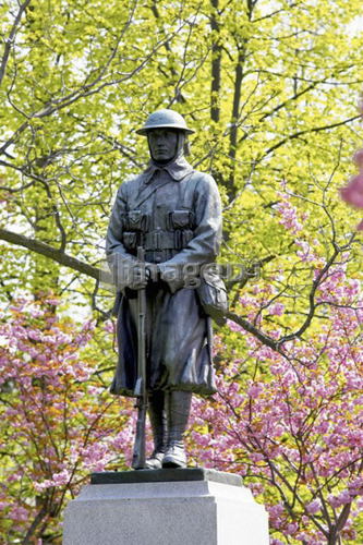 Memorial statue surrounded by cherry trees in blossom, Canada, Ontario