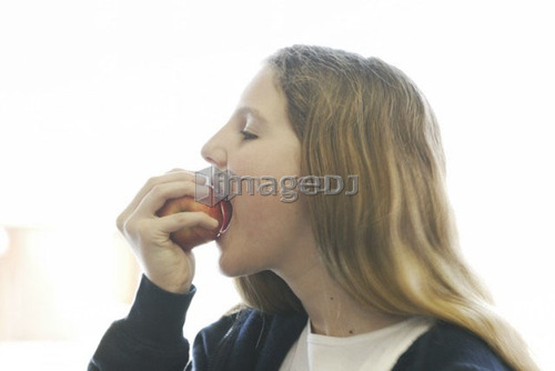 Pre-teen girl eating organic apple, wearing hoodie made of with hemp fibre, Canada, Manitoba, Brandon