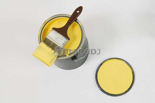 Open paint can, lid, colour swatch and brush, Canada, British Columbia