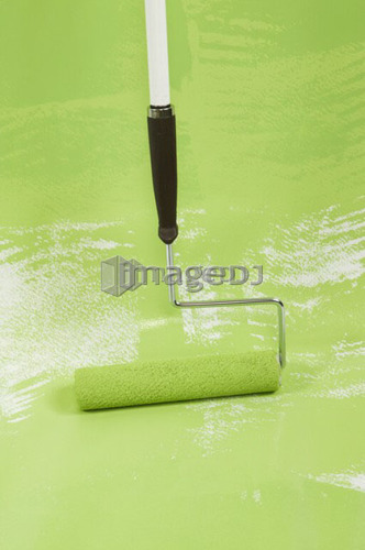 Long-handled roller painting floor, Canada, British Columbia