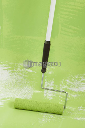 Long-handled roller painting floor, Canada, British Columbia