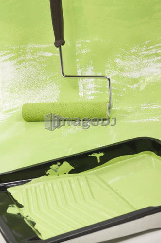 Long-handled roller painting floor, Canada, British Columbia