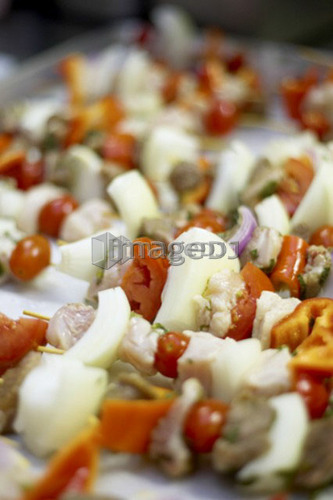 Precooked chicken and vegetable shish kabobs