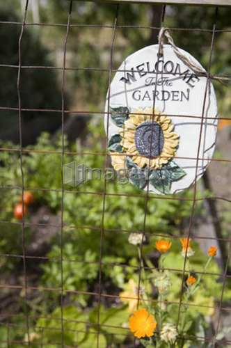 Gardening sign on fence, Cypress Street Community Garden, Vancouver, BC