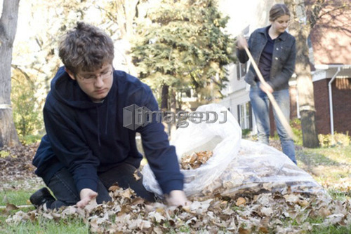 Teen brother and sister raking, Winnipeg, Canada