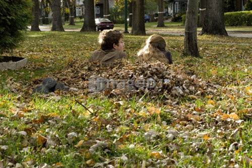 Teen brother and sister lying in leaves, viewed from behind, Winnipeg, Canada