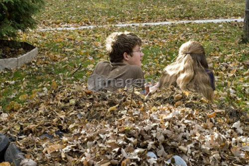 Teen brother and sister lying in leaves, viewed from behind, Winnipeg, Canada