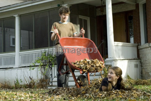 Teen brother dumping leaves on sister, Winnipeg, Canada